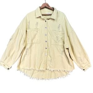 POL Distressed Frayed Hem Button Down Oversized Shacket‎ Jacket Large